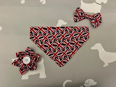 Union Jack Dog Bandana- Slide On Collar Bow Ties Flowers Personalised • £4