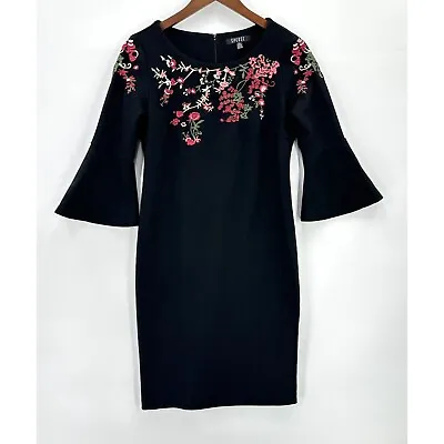 Spense Dress Womens Sheath Floral Embroidered 3/4 Bell Flare Sleeve Zip Black 6 • $14.69