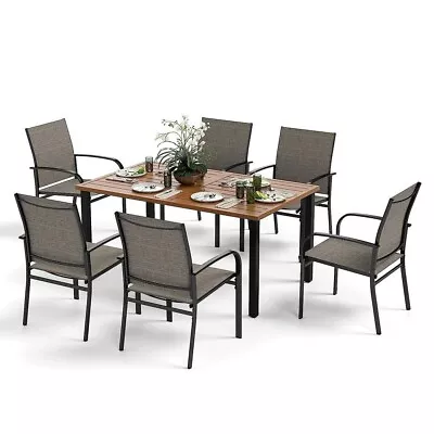 7-PCS Outdoor Patio Dining Set Wood-like Table With Umbrella Hole 6 Chairs Brown • $579.99