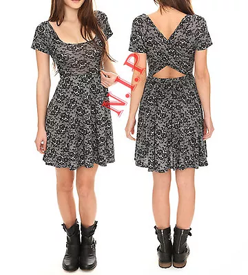 Hot Topic Punk Visual Kei Gothic Black & White Lace Print Open Cross Back Dress • $108.48