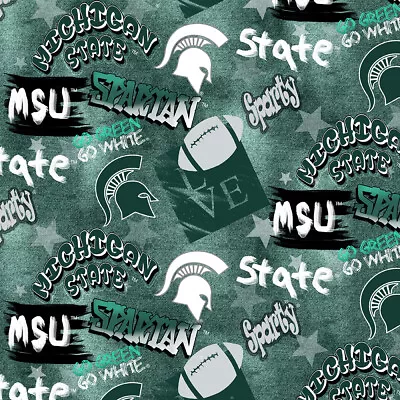 Michigan State Spartans Cotton Fabric W All Over Graffiti Print-Sold By The Yard • $9.99