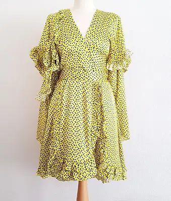 PREEN BY THORNTON BREGAZZI Yellow Blue Silk Print Original Design Ruffle Dress S • $112