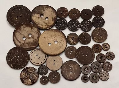 Vintage To Now Lot Of 35 Coconut Shell Buttons - Some With Designs - (D5) • $9.95