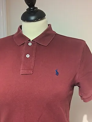 RALPH LAUREN 100% Cotton Polo Shirt Burgundy Red  Navy Logo - Size M Vintage • £11.95