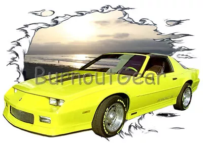 1987 Yellow Chevy Camaro IROC A Custom HotRod Sun Set T-Shirt 87 Muscle Car Tees • $50.99