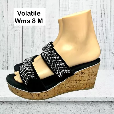 Volatile Womens Jorie Black Leather Rhinestone Cork Platform Wedge Sandal Size 8 • $22.99