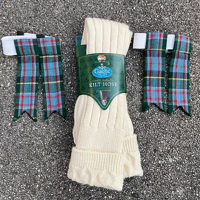 Gaelic Kilt Hose Socks Ivory Size M 9-11 US Made In UK Wool Blend Tartan Flashes • $34.97