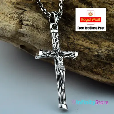 Men Women Cross Pendant Crucifix Jesus Christian Chain Necklace Silver  • £6.45