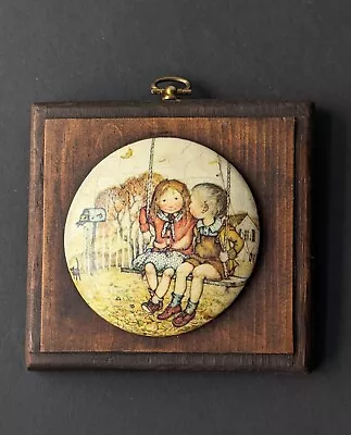 Vintage Decoupage OVAL Art Print 5 ½  Wood Plaque Boy Girl SWING Mailbox Cat  • $12