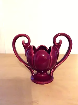 Vintage Camark Pottery # 505 Burgundy Double Handled Lotus Shaped Vase Planter • $19.99