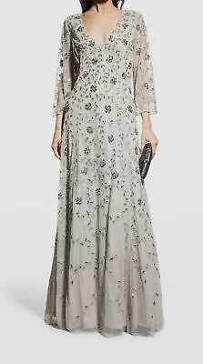 $550 Aidan Mattox Women's Gray V-Neck 3/4-Sleeve Beaded Tulle Gown Dress Size 10 • $154.38