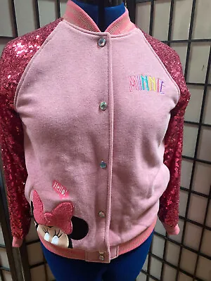 Disney Store Minnie Mouse Jacket Girls Pink Sequin Sleeve Varsity 9/10 • $19.99