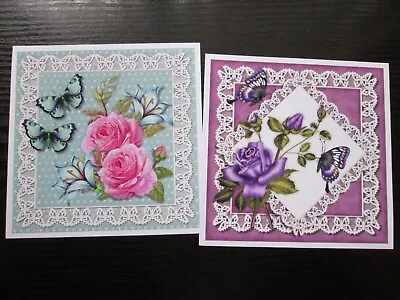 NEW ===2 X PINK & PURPLE ROSES IN A LACED FRAME Card Toppers & Sentiments • £1.30