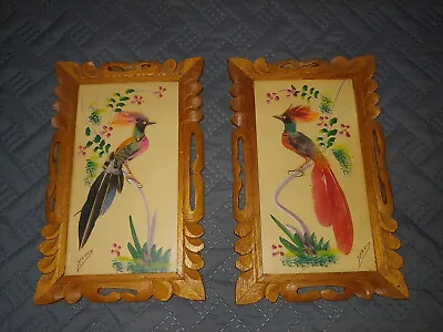 Vintage Mexican Feathercraft Folk Art In Carved Wooden Frames Pair • $30