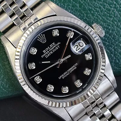 Rolex Mens Datejust Gold & Steel Black Diamond Dial Fluted Bezel 36mm Watch 1601 • $3995