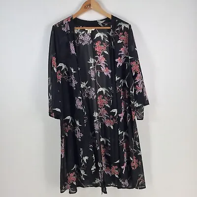 Beme Womens Kimono Duster Robe Size 14 Sheer Black Floral 3/4 Sleeve 073098 • $24.95