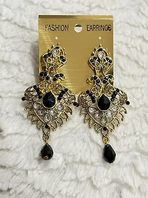 Ethnic Indian Bollywood Gold Plated Jhumka Jhumki Earrings Bridal Jewelry Black • $14.50