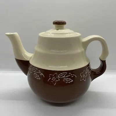 Vintage Universal Oxford Stoneware Brown & Cream Teapot & Lid Snowdrop Flower • $17.99