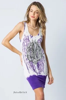 New VOCAL Womens PURPLE TIE DYE CRYSTAL FLEUR DE LIS TUNIC TANK DRESS S M L XL • $42.70