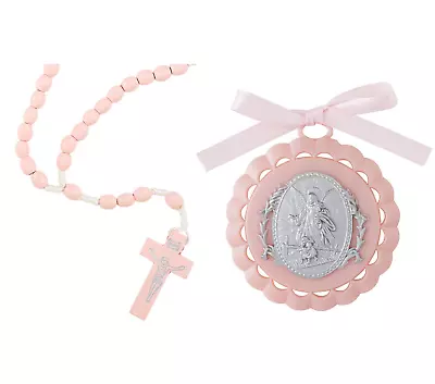 Girl's Baptism Gift Pink Guardian Angel Crib Medal & Pink Wooden Rosary Catholic • $12.99