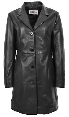 Womens Real Leather Mac Coat 3/4 Length Classic Style F99 Black • $163.02