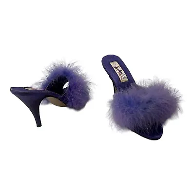 Frederick’s Of Hollywood Feather Mules Purple Sexy Shoes Heels Size 38 US 7 READ • £26.99