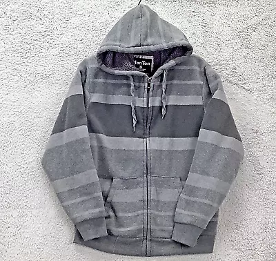 HanTon Sherpa Lined Hoodie Mens Medium Gray Stripe Full Zip Drawstring Hood • $14.39