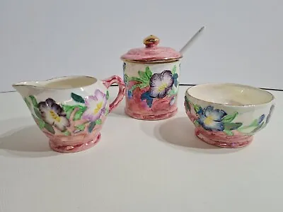 Vintage  Maling Lustre Ware Jug & Bowl & Preserve Pot With Spoon Floral Pattern • £38