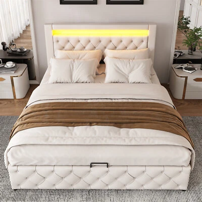 BESTWANTED Gas Lift Ottoman Storage Bed,5FT King Size Bed Frame With Storage, Ottoman Bed With LED Lights, Faux Leather, White - View #3