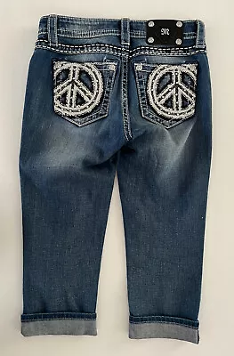 Miss Me Jeans Bling Peace Sign Hippie Mid Rise Size 26 Wide Stitch Cuffed Capris • $34.95