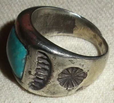 VINTAGE NAVAJO TURQUOISE STERLING SILVER RING GREAT STAMPWORK SIZE 5 Vafo • $99.99