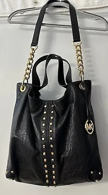 Michael Kors Uptown Astor Large Black Leather Gold Studded Tote Bag Spotless • $150