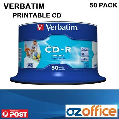 50 X Verbatim Printable CD 52X 700MB 80Min CD-R White Inkjet Printable #41908 • $28.90