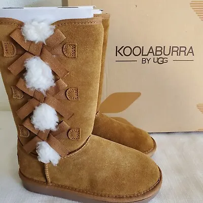 New Kids Girls Size 1 Chestnut Koolaburra Ugg Victoria Tall Boots Bows 1020171k • $50.96