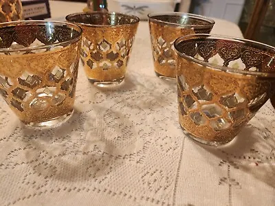 Set Of 4 Vintage MCM Culver Valencia  22K Gold Green Diamond LowBall Whiskey • $115