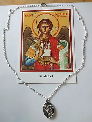 Archangel St Michael +Guardian Angel Medal Silver Chain Necklace +prayer Card • $10