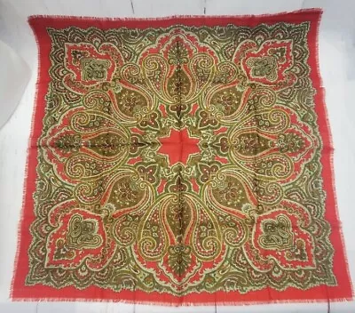 Vintage 100% Woole Red Green Paisley Scarf 30x30  Fringe • $19.95