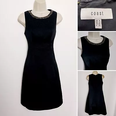 Coast Black Jacquard Damask Beaded Neck Fit & Flare Skater Dress Size UK 8 • £30