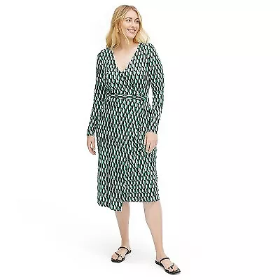 Women's Long Sleeve Midi Arrow Geo Green Wrap Dress - DVF • $18.99