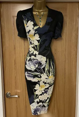 Karen Millen Black Floral Signature Satin Pencil Dress UK 10 US 6 EU 38 • £60