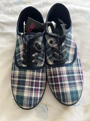 Miss  Fiori Navy/green Checked Canvas Shoes Size 6 • £6.50