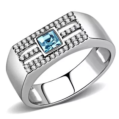Mens Pinky Ring Signet Blue Topaz Princes Cut Cz Silver Stainless Steel New 344 • £19.99