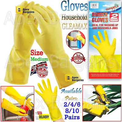 2/10 Pair Rubber Gloves Long Sleeve Household Washing Up Kitchen Cleaning Medium • £3.49