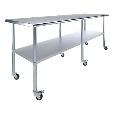 30 In. X 96 In. Stainless Steel Work Table With Wheels | Metal Mobile Food Prep • $1024.95
