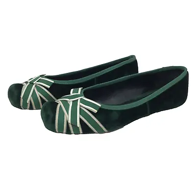 Maloles Green And White Bow  Ballet Flats Velvet Sole Square Toe EU 40 / US  9 • $23.99