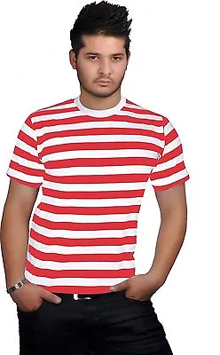 New Men’s Red & White Stripe  Round Neck T Shirt Book Week Day Top Small To Xxl • £11.99