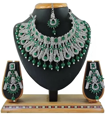 Green Pearl Stud Indian Sliver Plated Jewelry Necklace Earrings Mang Tika Choker • $43.99