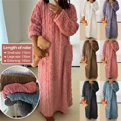 Ladies Extra Long Crew Fleece Neck Dressing Gown Winter Warm Pyjamas Soft Pocket • £15.87