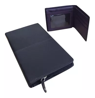 Mens 100% Leather Black Slim Bifold Wallet & Travel Document Holder For Passport • $28.99