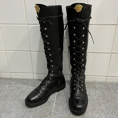 GIANNI VERSACE Vintage 1993 Medusa Knee High Lace Up Leather Combat Boots 36 • $600
